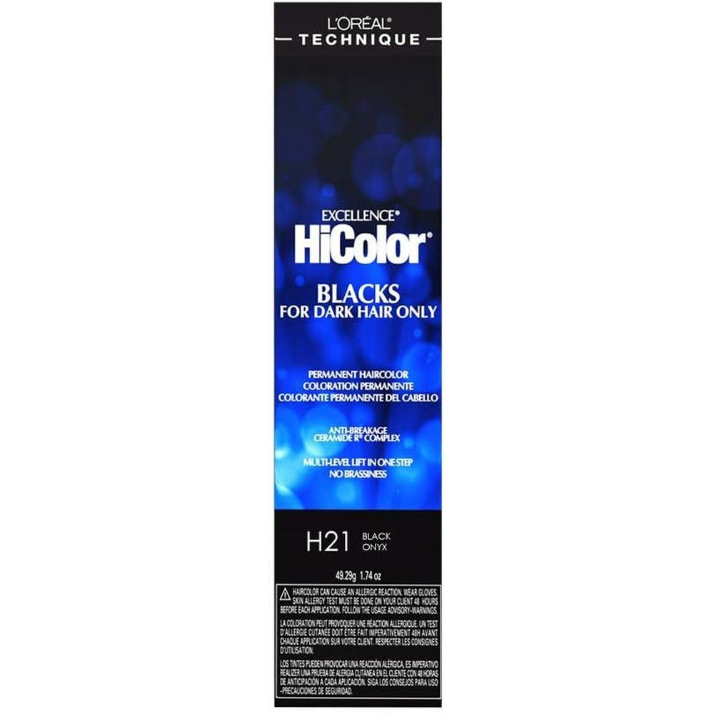 L'Oreal Technique HiColor Black Onyx permanent hair color box front view showing intense dark shade results.