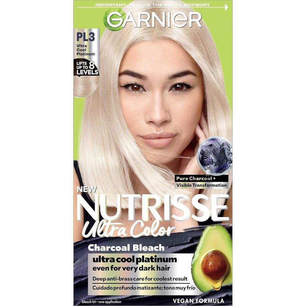 Garnier Nutrisse Ultra Color PL3 Ultra Cool Platinum front packaging showcasing permanent icy blonde results.