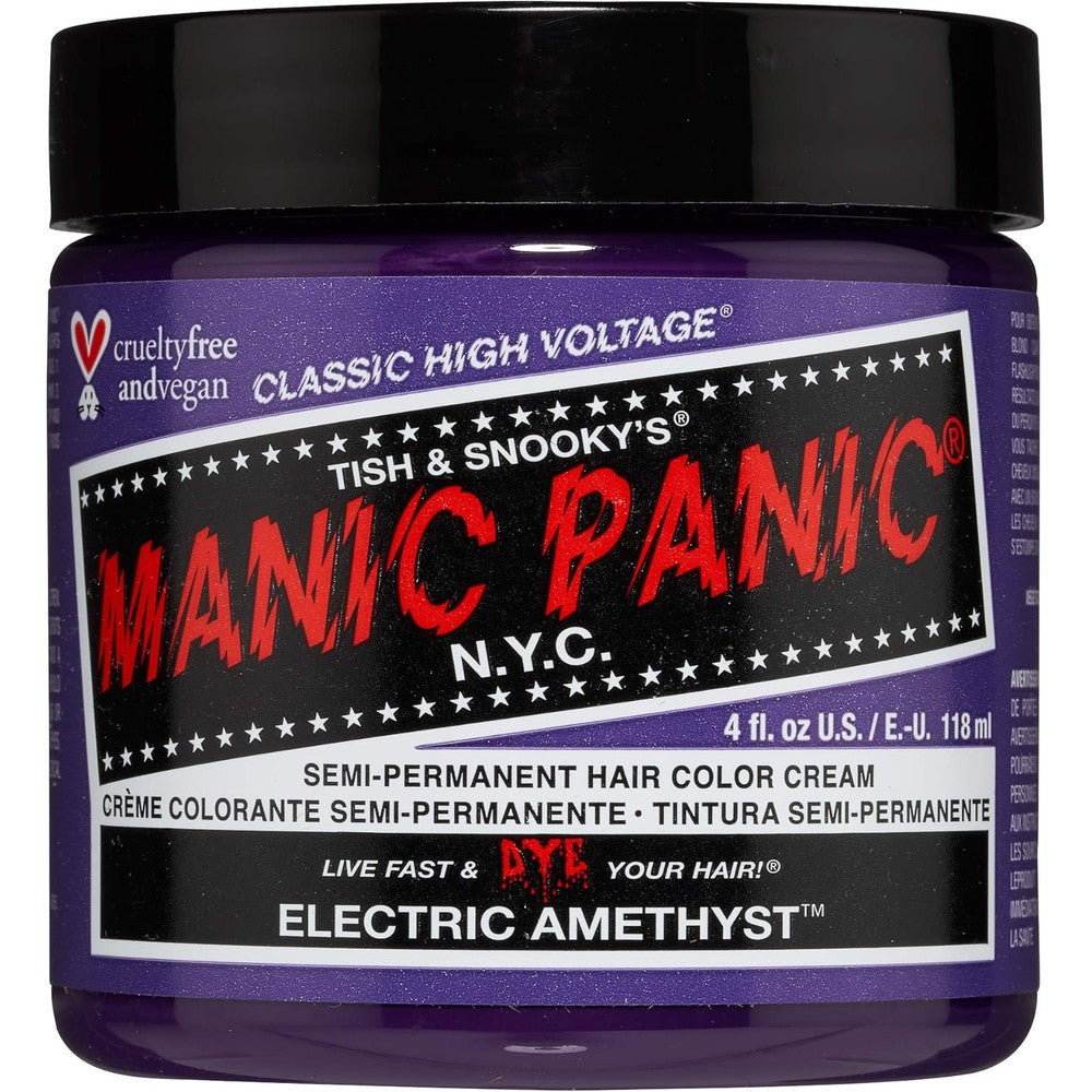 Manic Panic Classic Electric Amethyst packaging front view showing the bright purple semi permanent hair color cream tub.