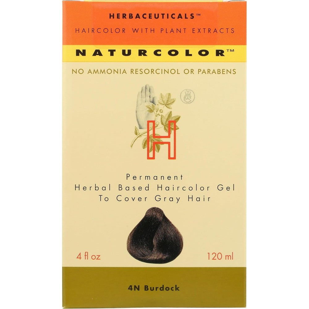 Naturcolor Permanent Herbal Based Haircolor Gel 4N Burdock box front view showing natural ingredients