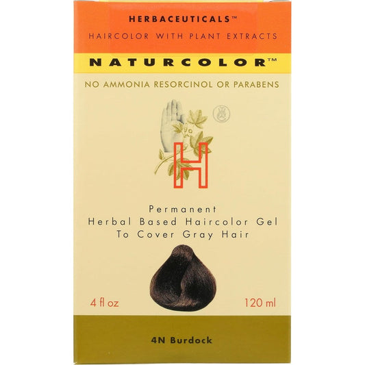 Naturcolor Permanent Herbal Based Haircolor Gel 4N Burdock box front view showing natural ingredients