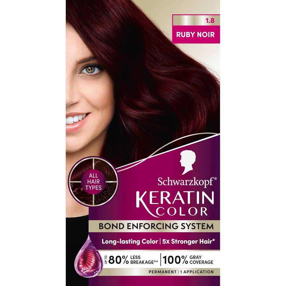 Schwarzkopf Keratin Color 1.8 Ruby Noir box front view showcasing permanent hair dye cream for gray coverage
