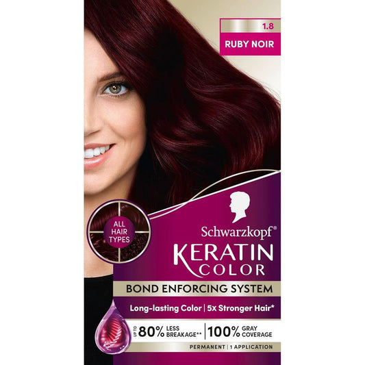 Schwarzkopf Keratin Color 1.8 Ruby Noir box front view showcasing permanent hair dye cream for gray coverage