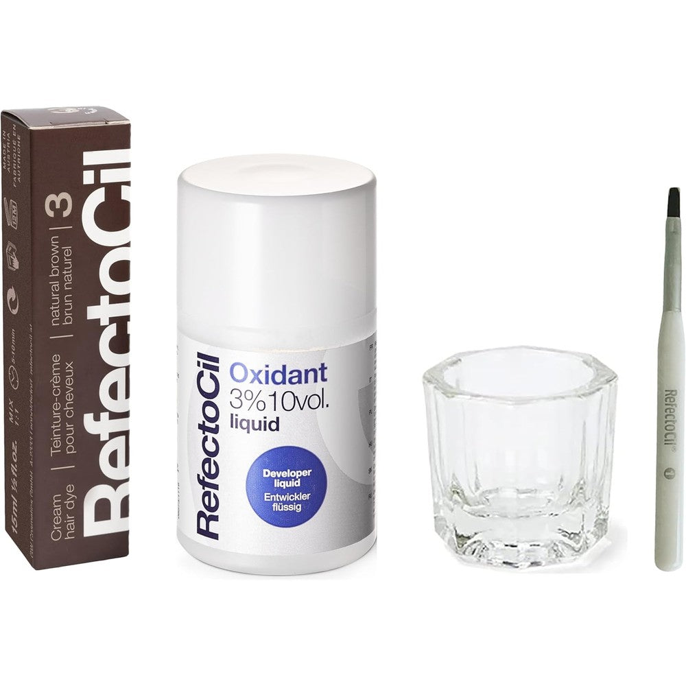 UINCLU RefectoCil hair tinting kit front view showing cream dye tube and developer liquid