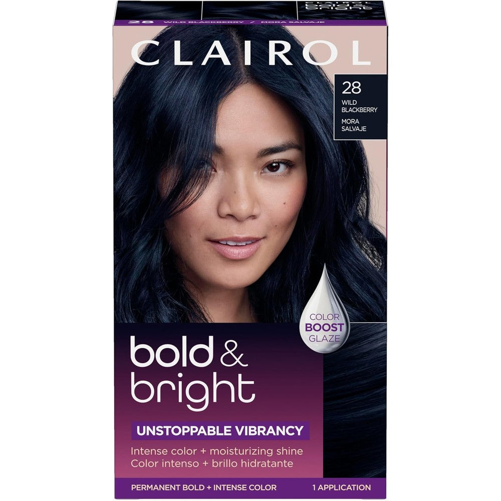 Clairol Bold and Bright Permanent Hair Dye front view packaging for vivid blackberry hair color.