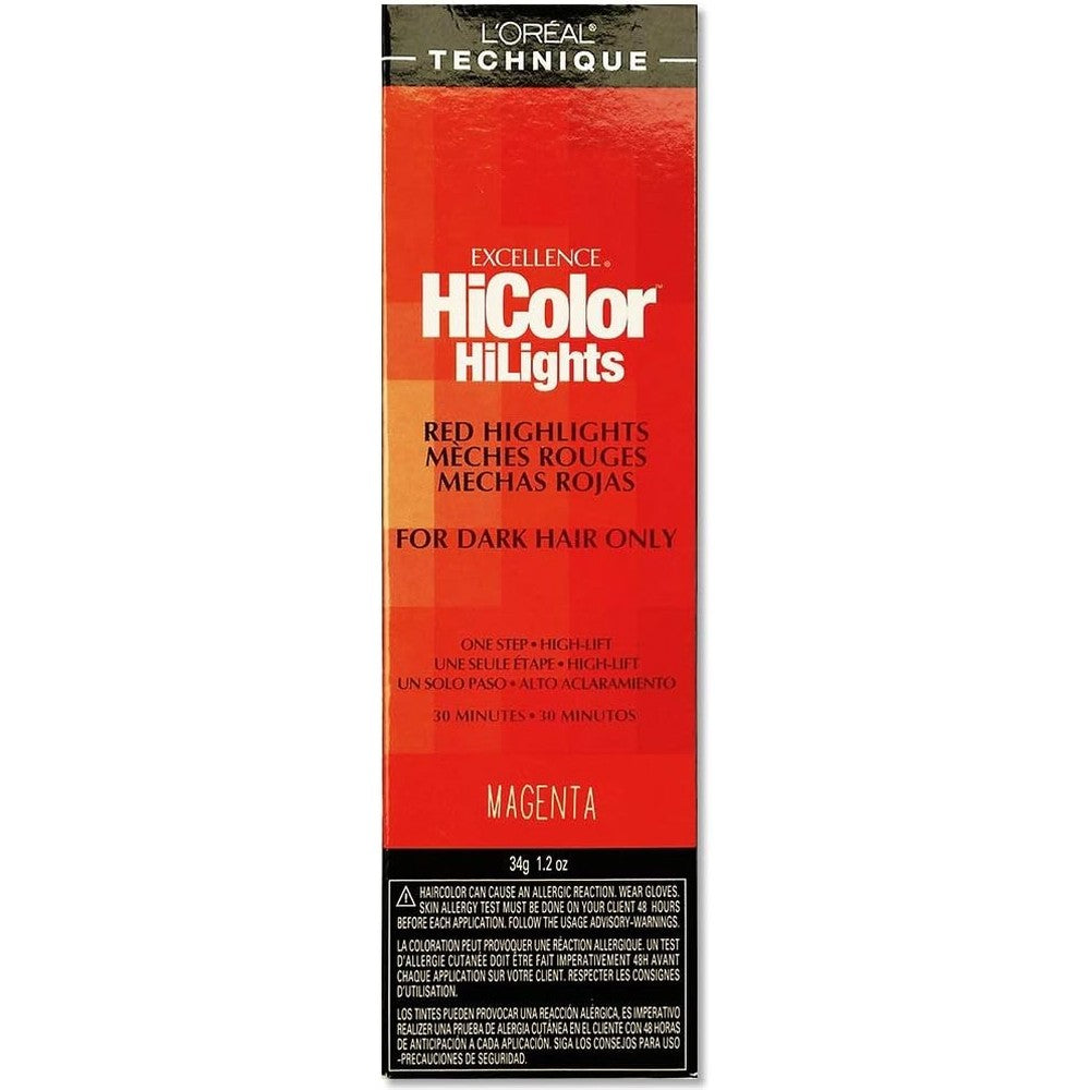 L'Oreal Technique HiColor Red HiLights Magenta box front view showing permanent hair color packaging for dark hair.