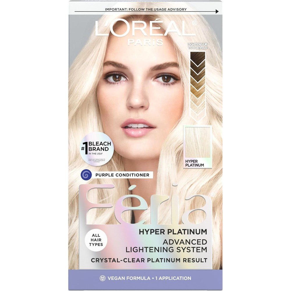 L'Oreal Paris Feria Hyper Platinum Advanced Lightening System box front view featuring platinum blonde hair results.