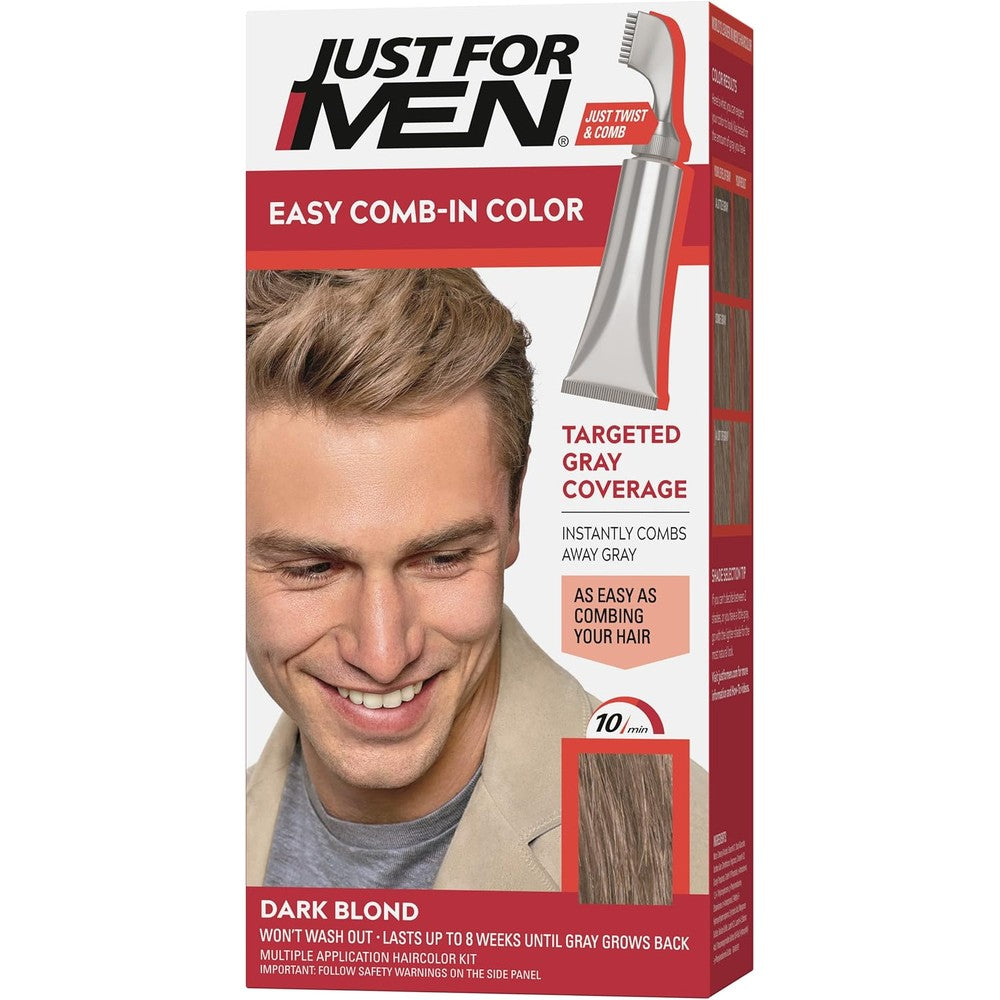 Just For Men Easy Comb-In Color Dark Blond front view showcasing the packaging and included comb applicator for men's hair grooming.