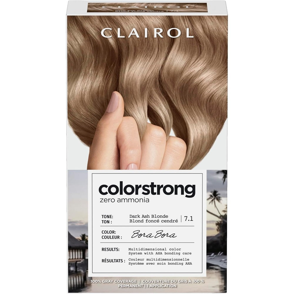 Clairol ColorStrong 7.1 Dark Ash Blonde box front view showing zero ammonia benefits.