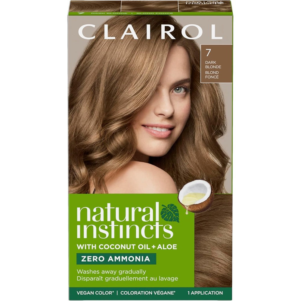 Clairol Natural Instincts 7 Dark Blonde front view of the packaging showcasing the ammonia free hair color box.