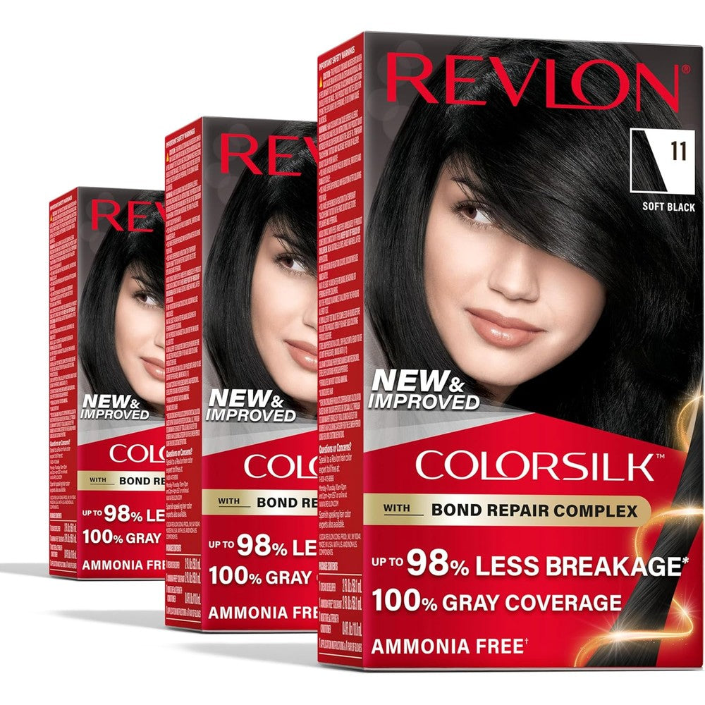 Revlon ColorSilk with Bond Repair Complex 11 Soft Black Pack of 3 front view packaging for home hair coloring.