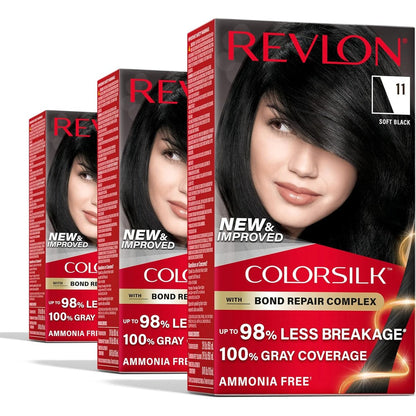 Revlon ColorSilk with Bond Repair Complex 11 Soft Black Pack of 3 front view packaging for home hair coloring.
