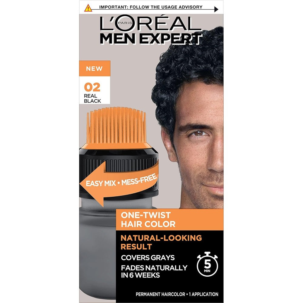 L'Oreal Paris Men Expert One Twist Real Black hair color front packaging for mens grey coverage.