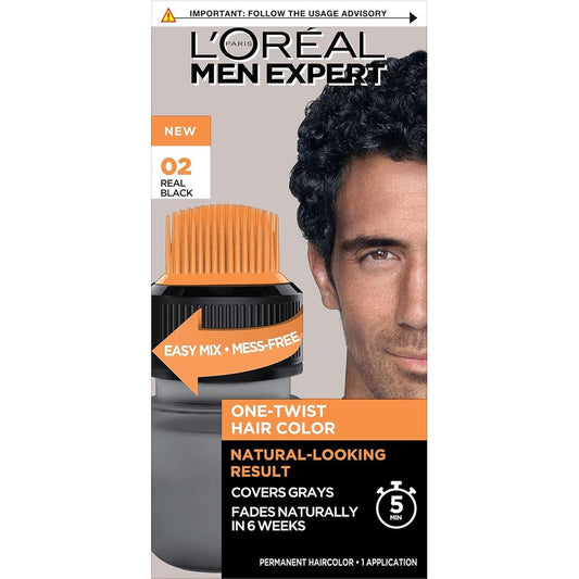 L'Oreal Paris Men Expert One Twist Real Black hair color front packaging for mens grey coverage.