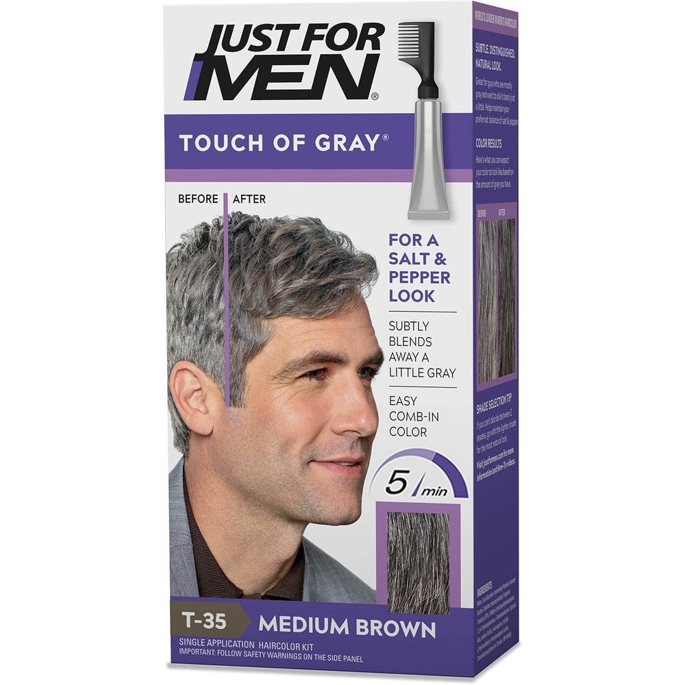 Just For Men Touch of Gray Medium Brown T35 front view of the packaging showcasing the salt and pepper hair color results.