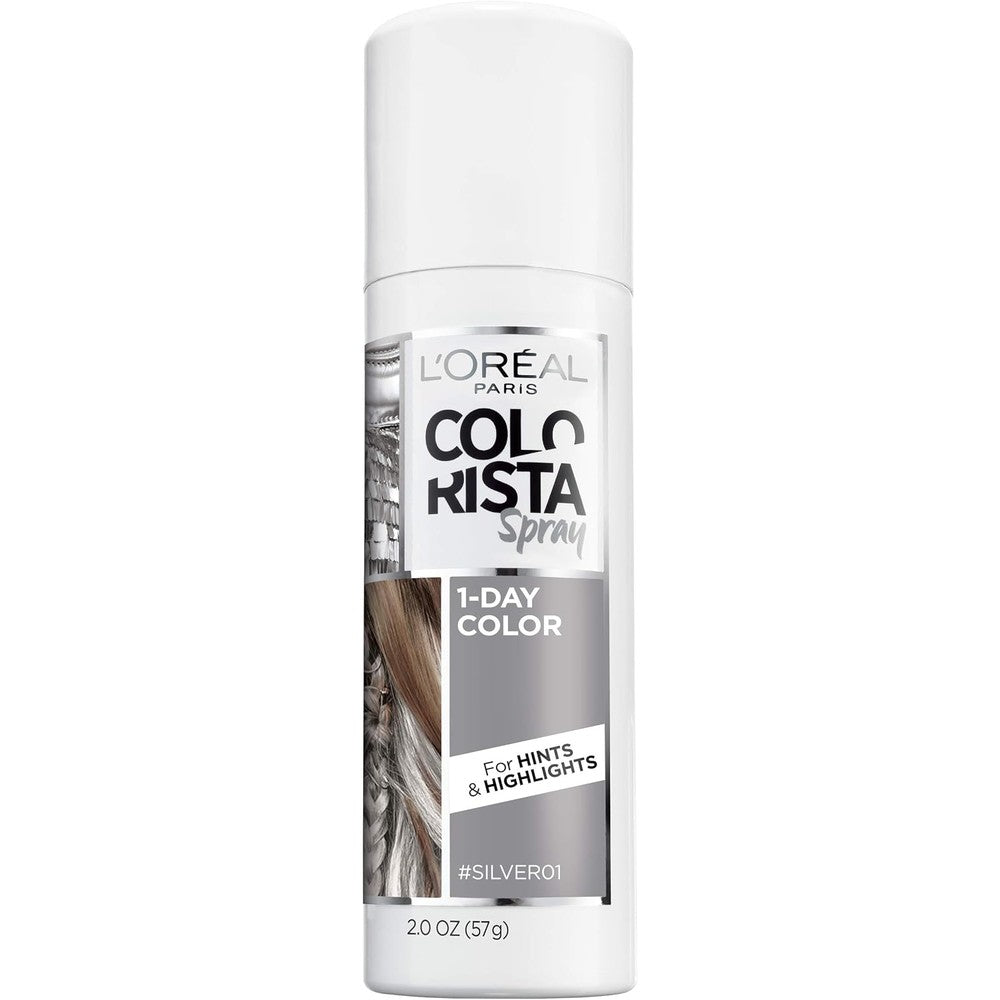 L'Oreal Paris Colorista 1-Day Washable Temporary Hair Color Spray Silver front view aerosol bottle