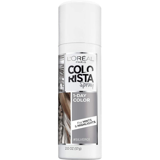 L'Oreal Paris Colorista 1-Day Washable Temporary Hair Color Spray Silver front view aerosol bottle