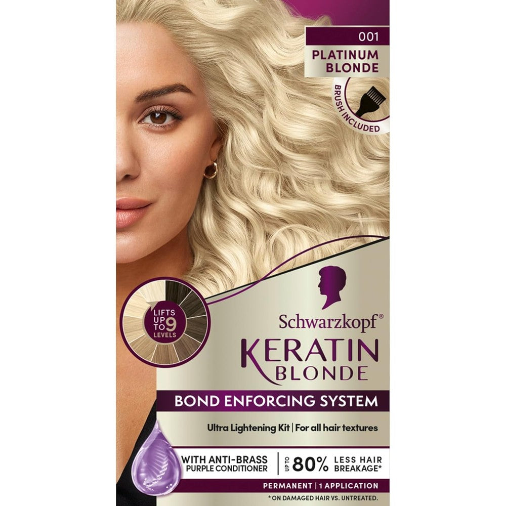 Schwarzkopf Keratin Blonde Hair Dye 001 High Lift Platinum box front view showing the permanent hair color results.