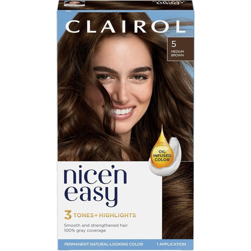 Clairol Nicen Easy Permanent Hair Dye 5 Medium Brown box front view showing natural color results