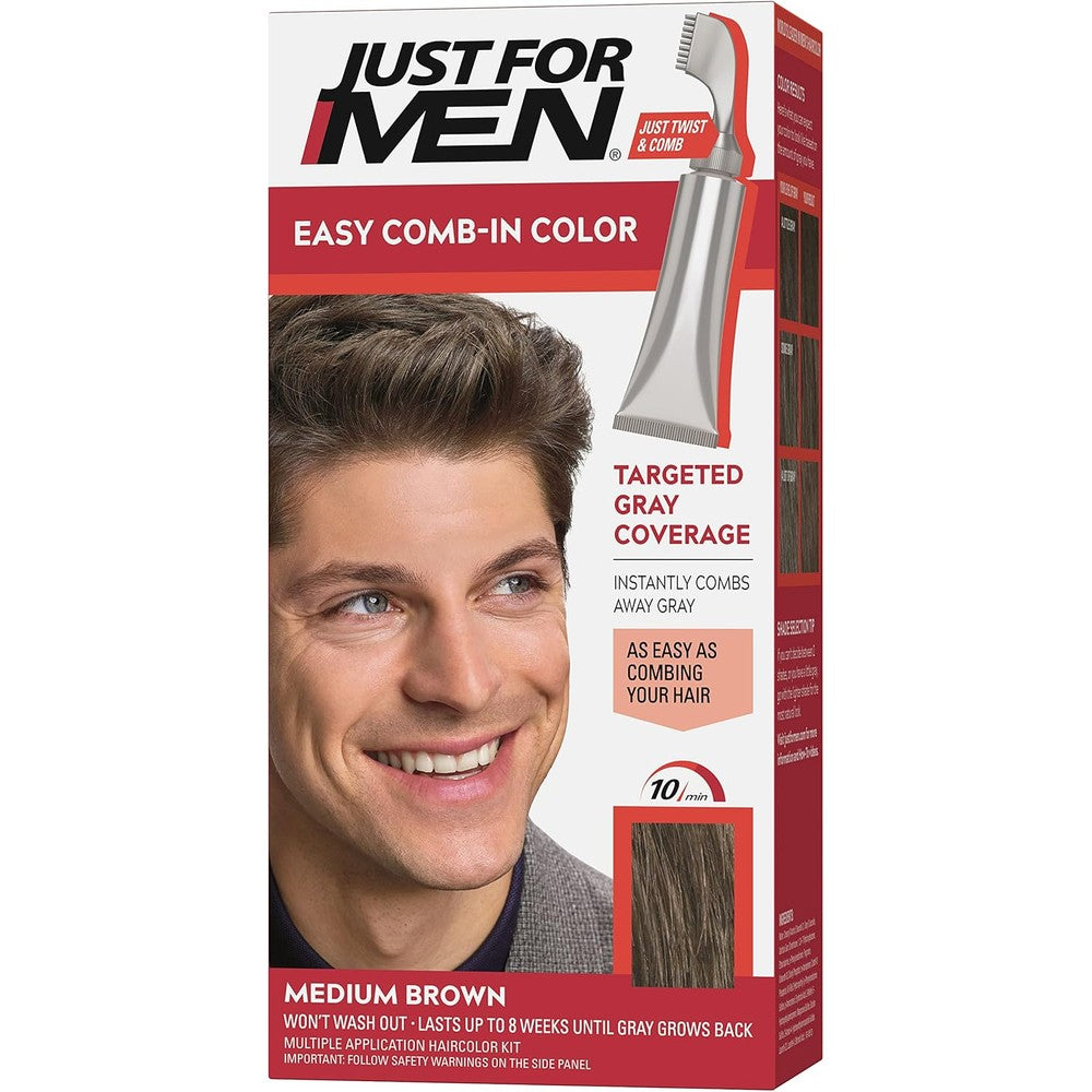 Just For Men Easy Comb-In Color Medium Brown front view packaging for men's gray hair coverage