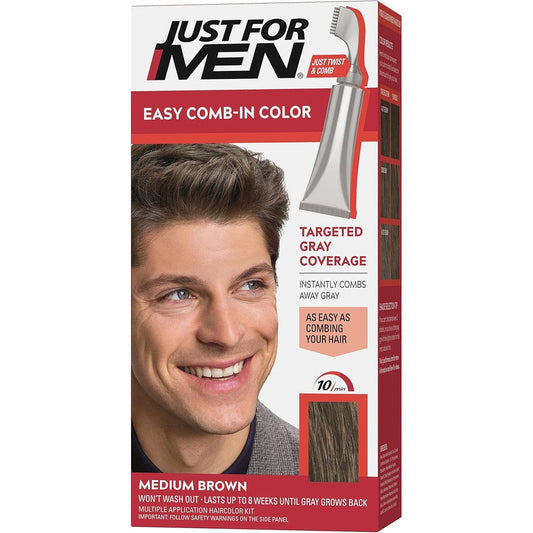 Just For Men Easy Comb-In Color Medium Brown front view packaging for men's gray hair coverage