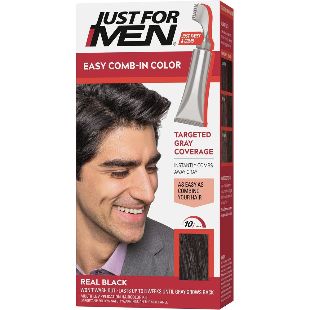 Just For Men Easy Comb-In Color Real Black box front view showing the no-mix comb applicator