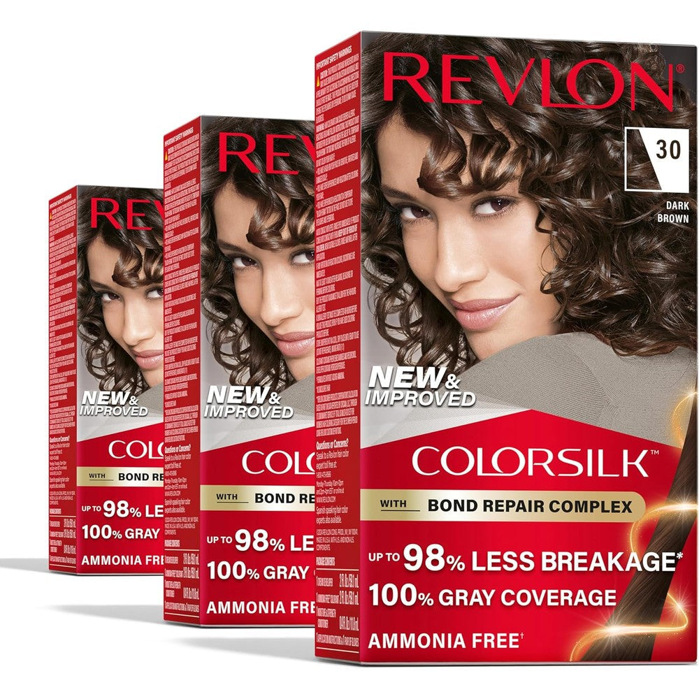 Revlon ColorSilk Bond Repair dark brown hair color box front view showing packaging details.