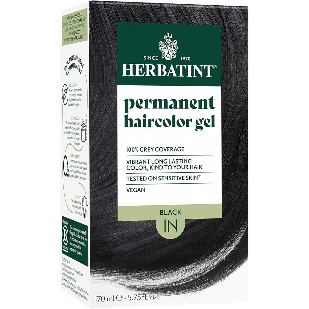 Herbatint Permanent Haircolor Gel 1N Black front packaging box showing product details