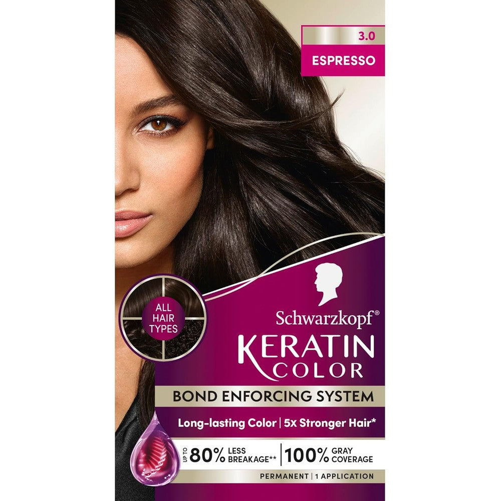 Schwarzkopf Keratin Permanent Hair Dye Cream 3.0 Espresso front box view for rich dark brown hair color