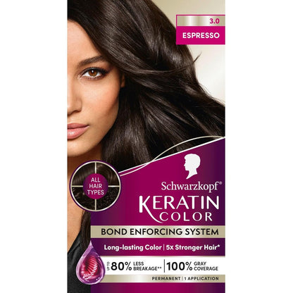 Schwarzkopf Keratin Permanent Hair Dye Cream 3.0 Espresso front box view for rich dark brown hair color