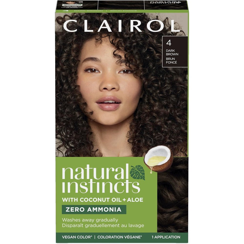 Clairol Natural Instincts Demi-Permanent Hair Dye 4 Dark Brown front packaging showcasing authentic vegan hair color.