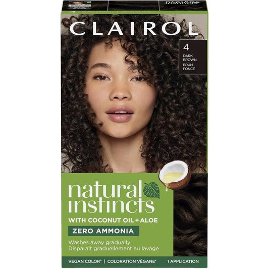 Clairol Natural Instincts Demi-Permanent Hair Dye 4 Dark Brown front packaging showcasing authentic vegan hair color.