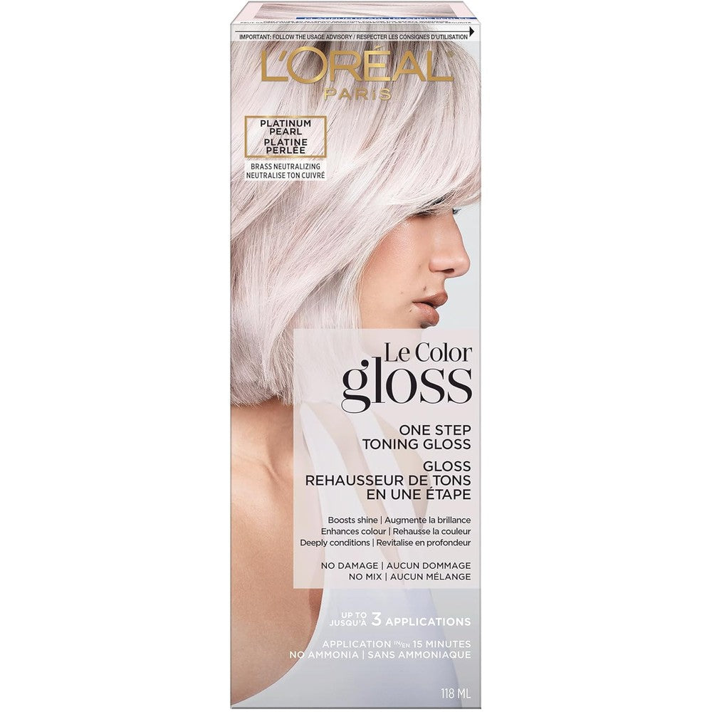 L'Oreal Paris Le Color Gloss Platinum Pearl front view showing packaging details for bleached hair toner.