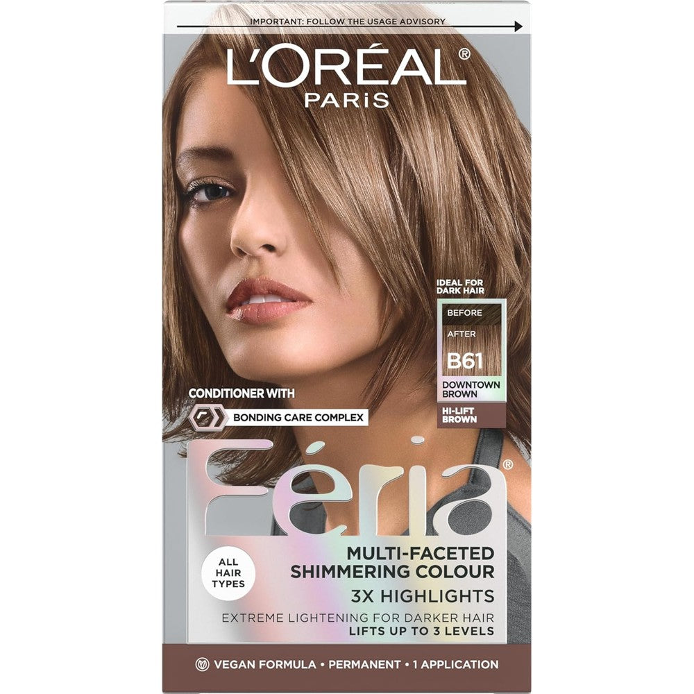 L'Oreal Paris Feria Permanent Hair Color B61 Downtown Brown box front view showing shade illustration