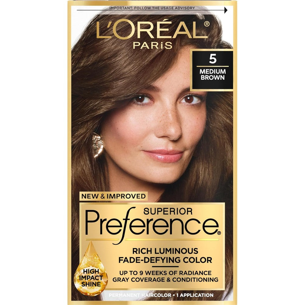 L'Oreal Superior Preference 5 Medium Brown permanent hair color box front view showing shade details