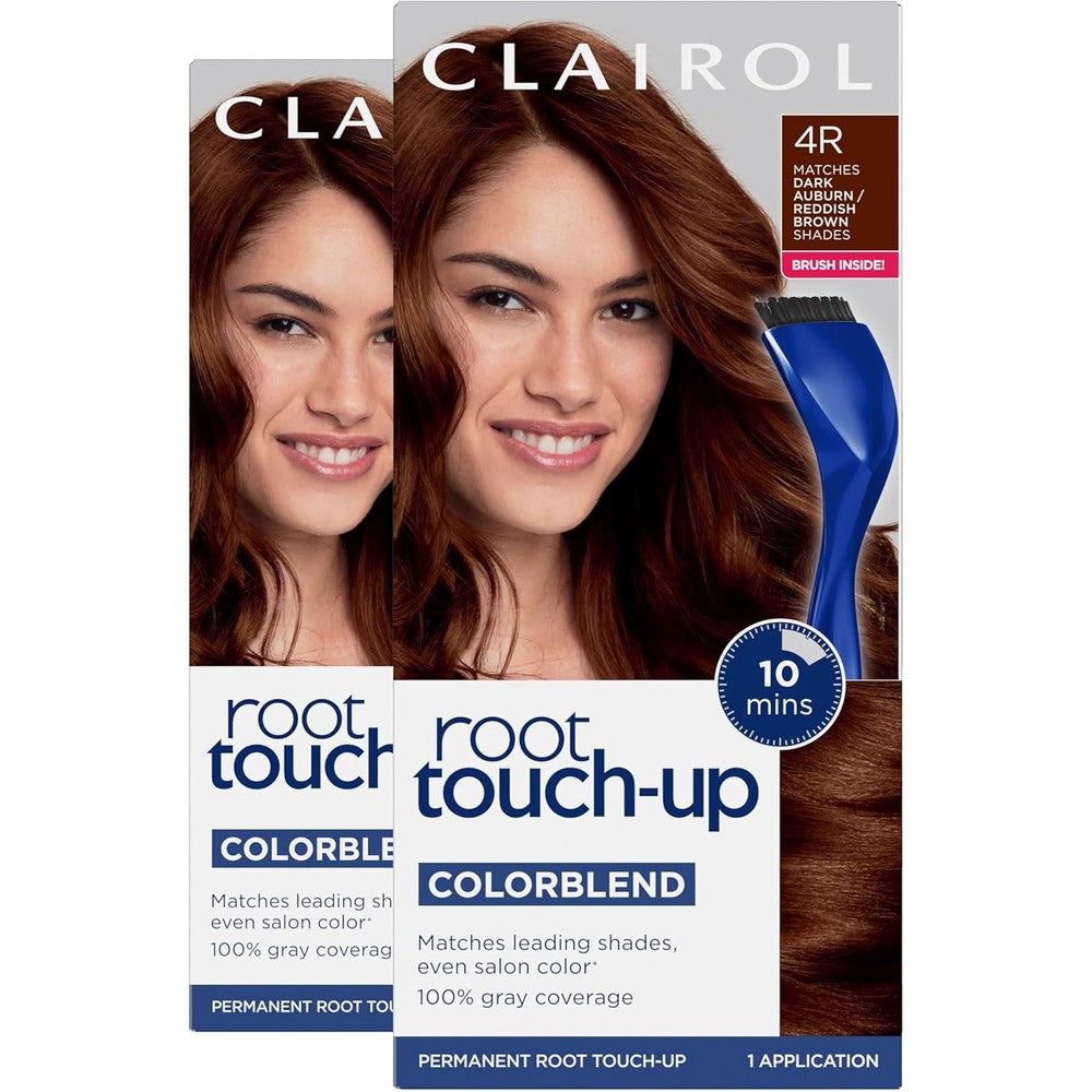 Clairol Root Touch-Up Permanent Hair Dye 4R Dark Auburn front view packaging showing the reddish brown hair color shade indicator.