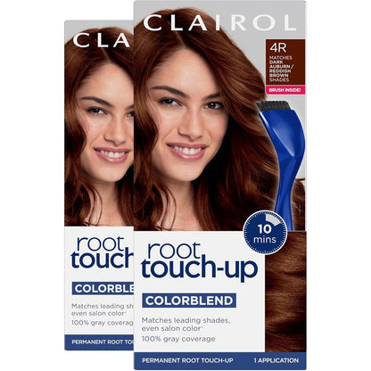 Clairol Root Touch-Up Permanent Hair Dye 4R Dark Auburn front view packaging showing the reddish brown hair color shade indicator.