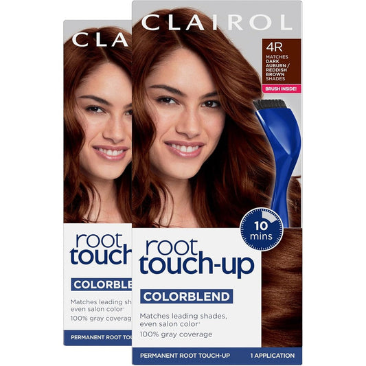 Clairol Root Touch-Up Permanent Hair Dye 4R Dark Auburn front view packaging showing the reddish brown hair color shade indicator.