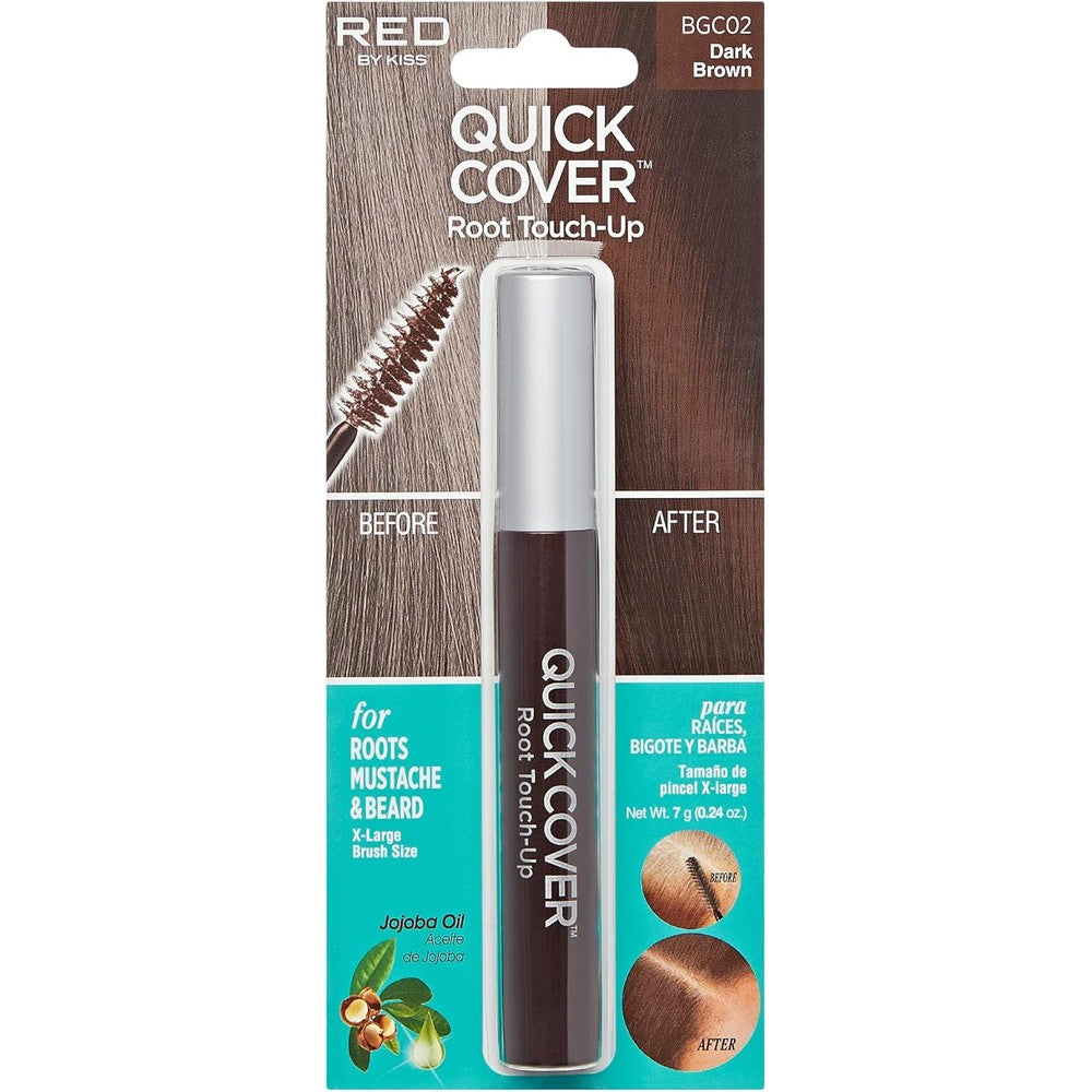 Red by Kiss Quick Cover Root Touch Up Rescue Dark Brown front packaging view for temporary gray hair coverage.