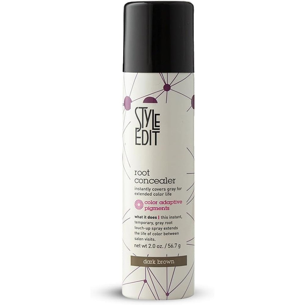 Style Edit Root Concealer Touch Up Spray front view packaging showing dark brown temporary hair color shade