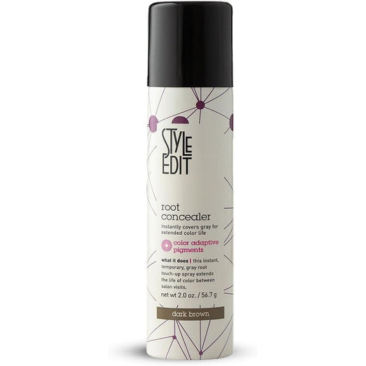 Style Edit Root Concealer Touch Up Spray front view packaging showing dark brown temporary hair color shade