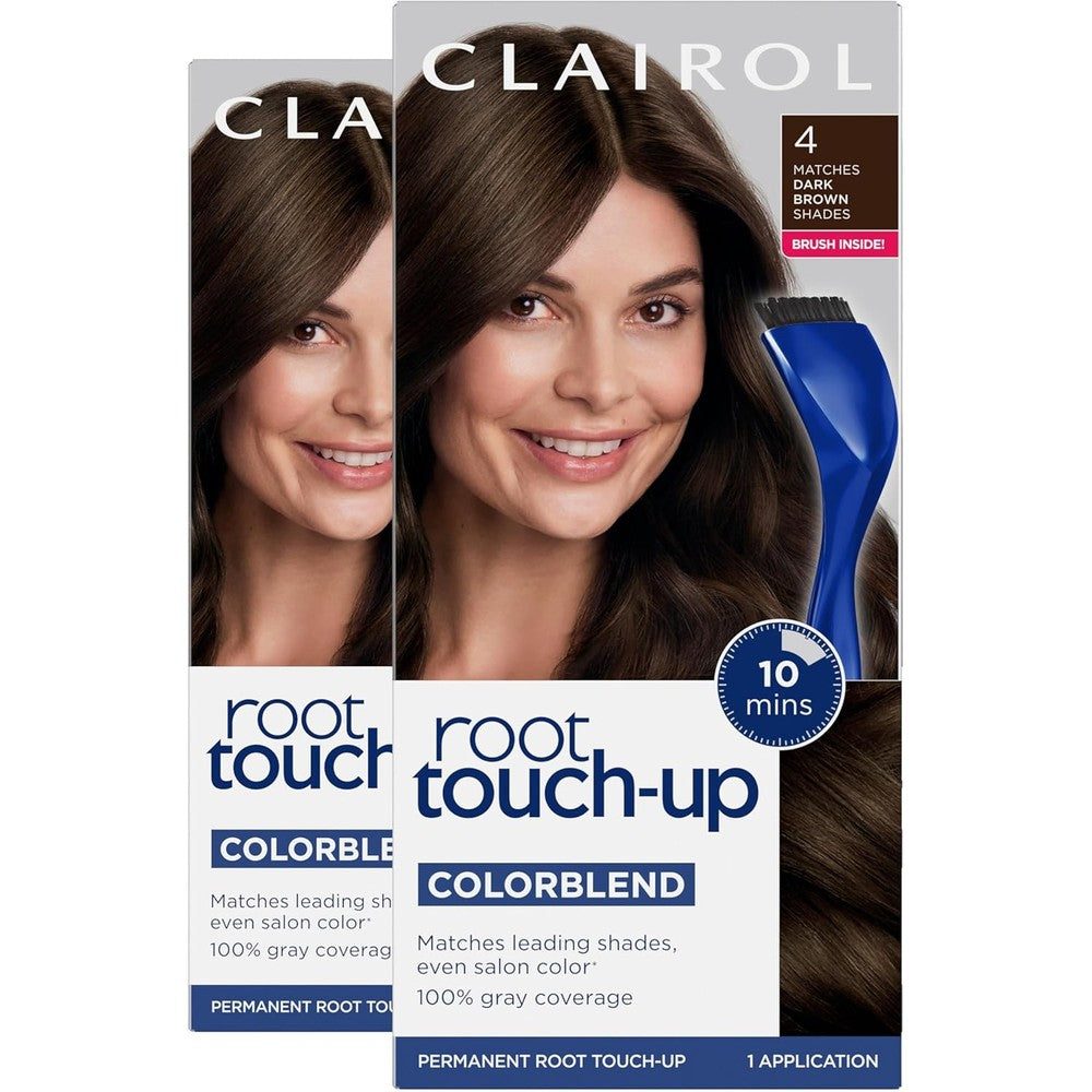 Clairol Root Touch-Up permanent hair dye front view of pack of two in four dark brown hair color