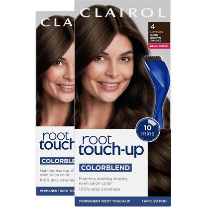 Clairol Root Touch-Up permanent hair dye front view of pack of two in four dark brown hair color