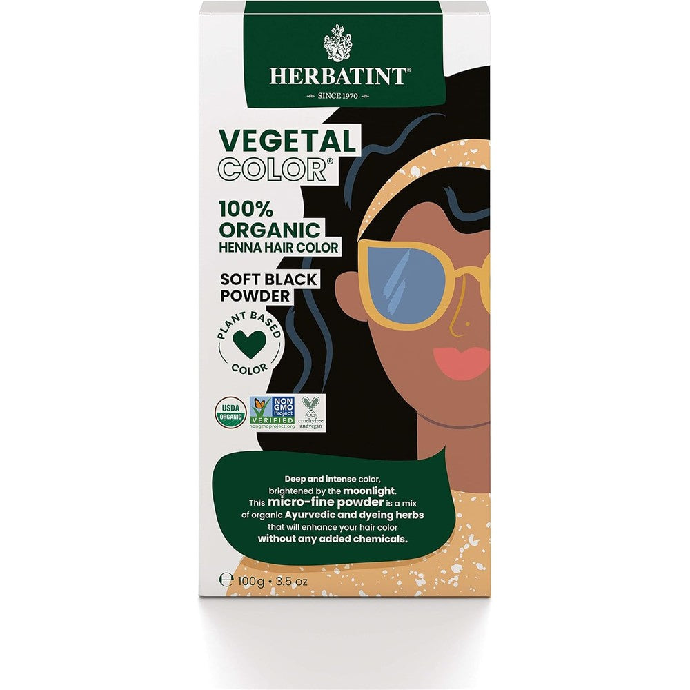 Herbatint Henna Color Organic Hair Dye Soft Black front package view showcasing plant-based organic hair care ingredients.