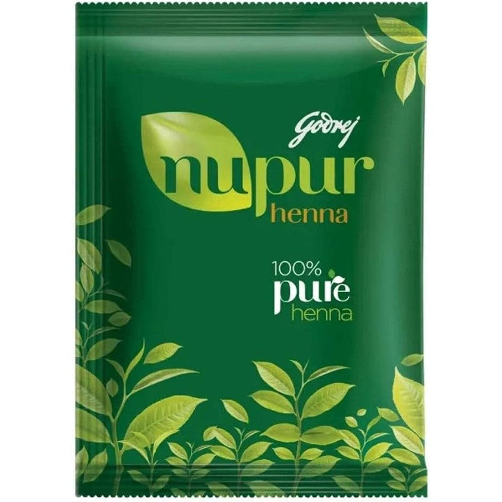 Godrej Nupur Henna Natural Mehndi 120g front view packaging showcasing the 9 herbs blend for hair color.