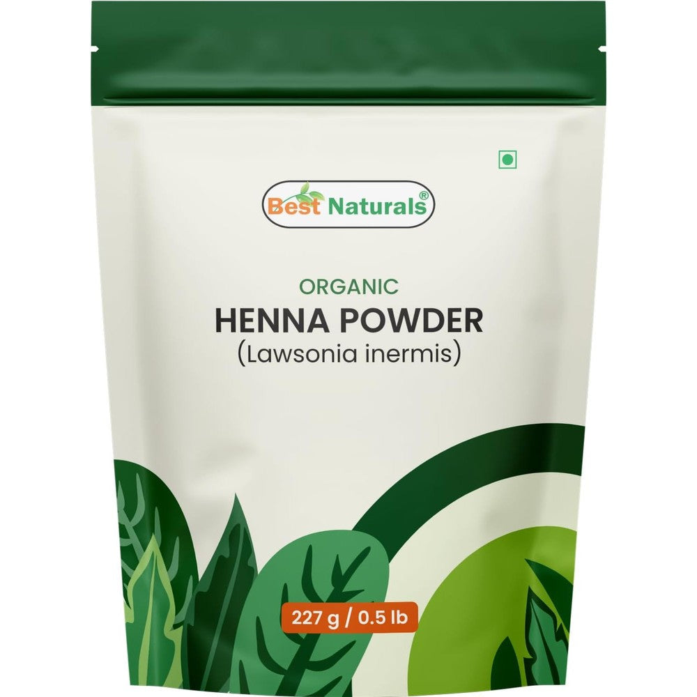 Best Naturals Certified USDA Organic Henna Powder 227 Gram front packaging view for premium natural hair coloring.