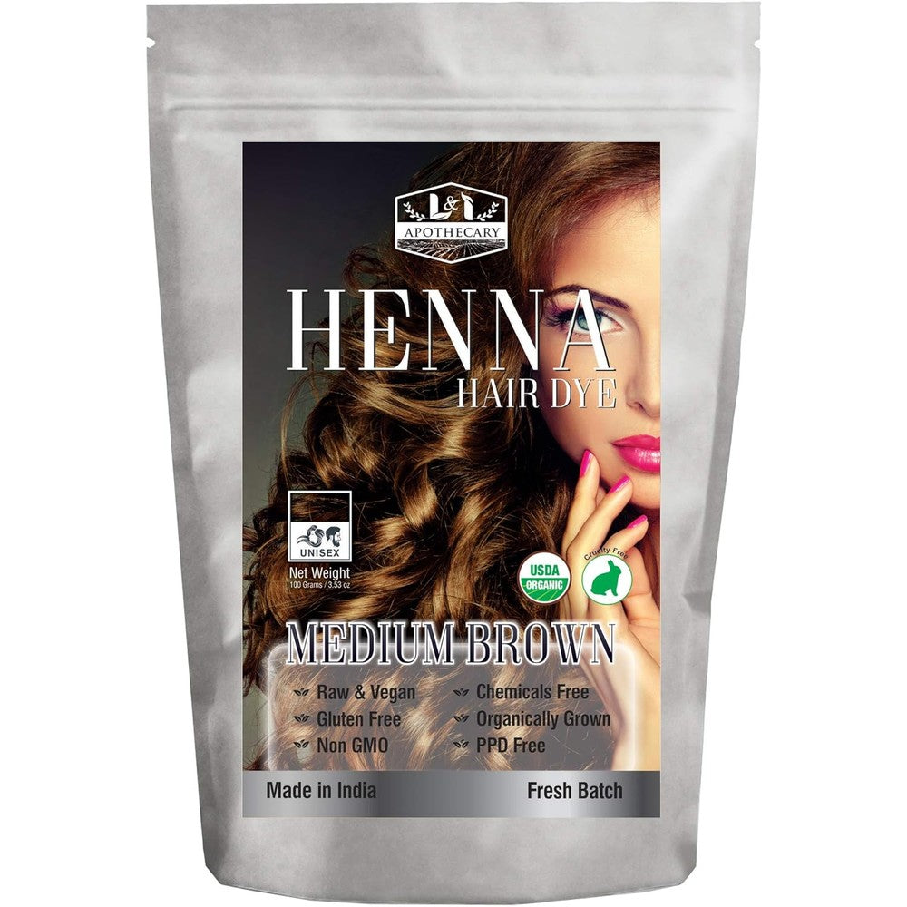 L&I Apothecary Organic Medium Brown Henna Hair Dye front package view