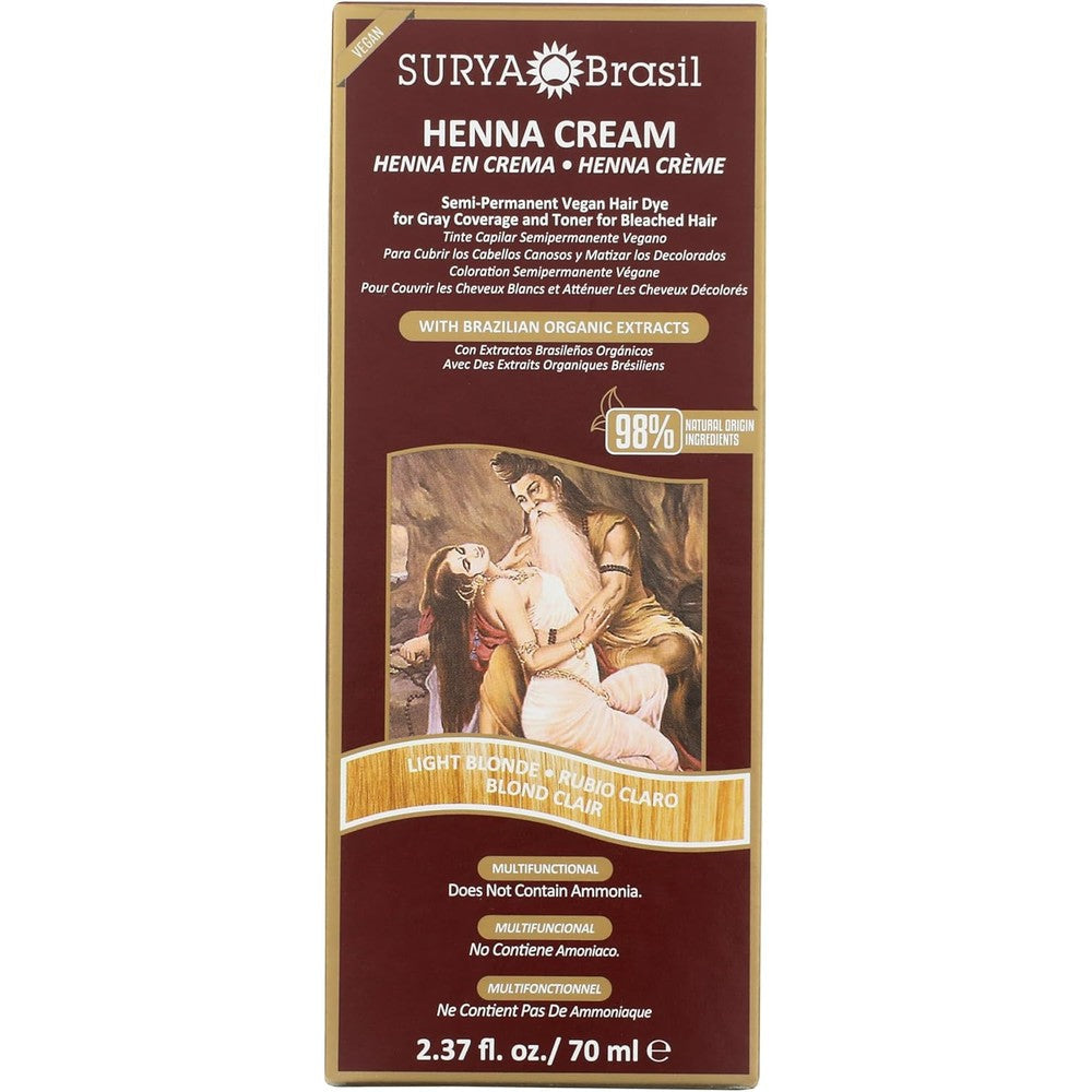 Surya Brasil Henna Cream Light Blonde 2.37 Fluid Ounce front view of the packaging showcasing the natural hair color solution.