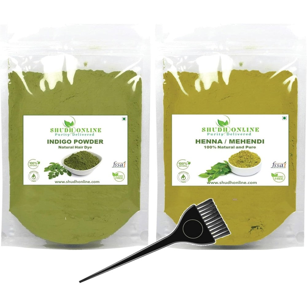 Shudh Online organic indigo and henna powder combo front packaging view natural hair color kit