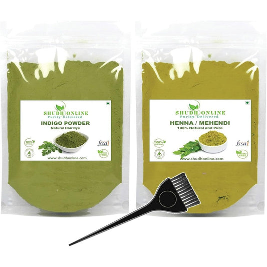 Shudh Online organic indigo and henna powder combo front packaging view natural hair color kit